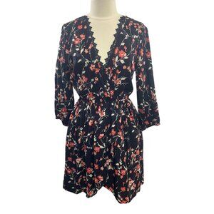 Band Of Gypsies Lace Trimmed Long Sleeve Dress Large Black Floral